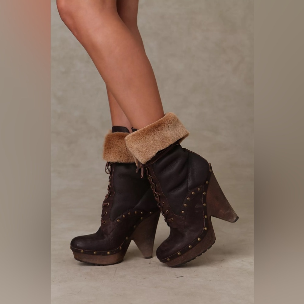 Sam Edelman Winsford Brown Leather Laceβ Up Clogs Fur Booties Size 6.5M festival